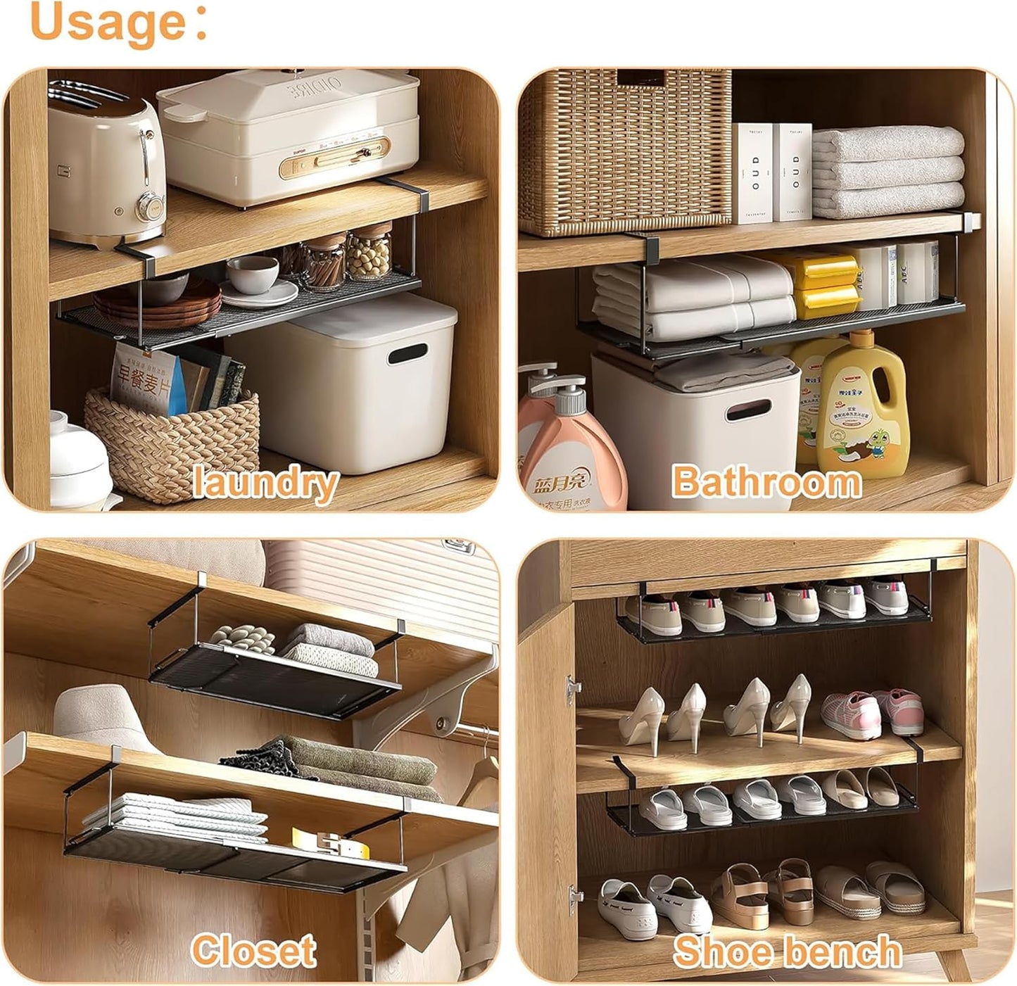 Under Shelf Rack for Kitchen | Expandable Metal Hanging Storage Organizer (Black)