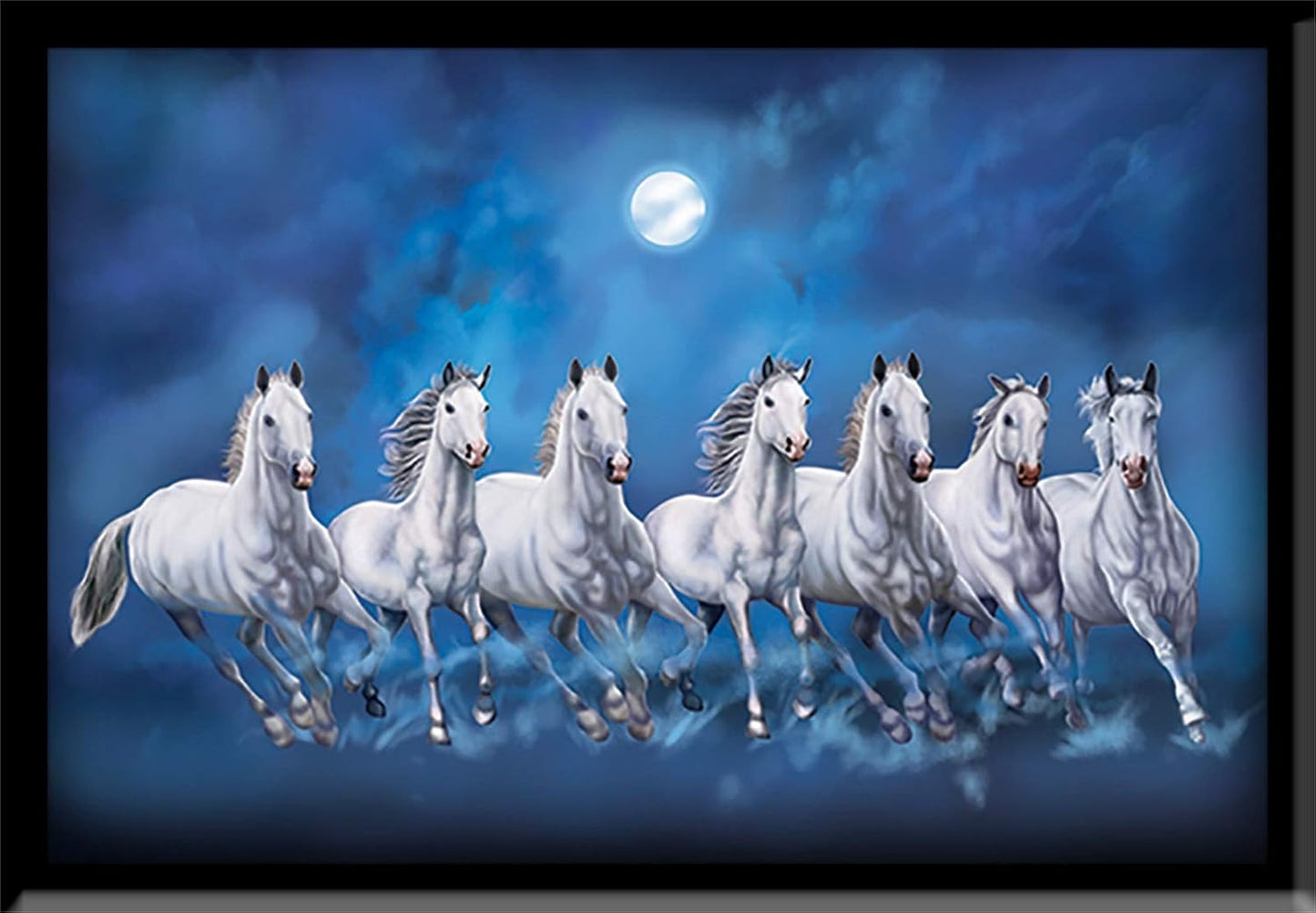 VMMPL 7 Lucky Running Vastu Horses Art Framed Painting | Ocean Blue Theme Wall Art for Home Decor | Ready to Hang – (Wooden Frame, 12 Inch x 18 Inch)