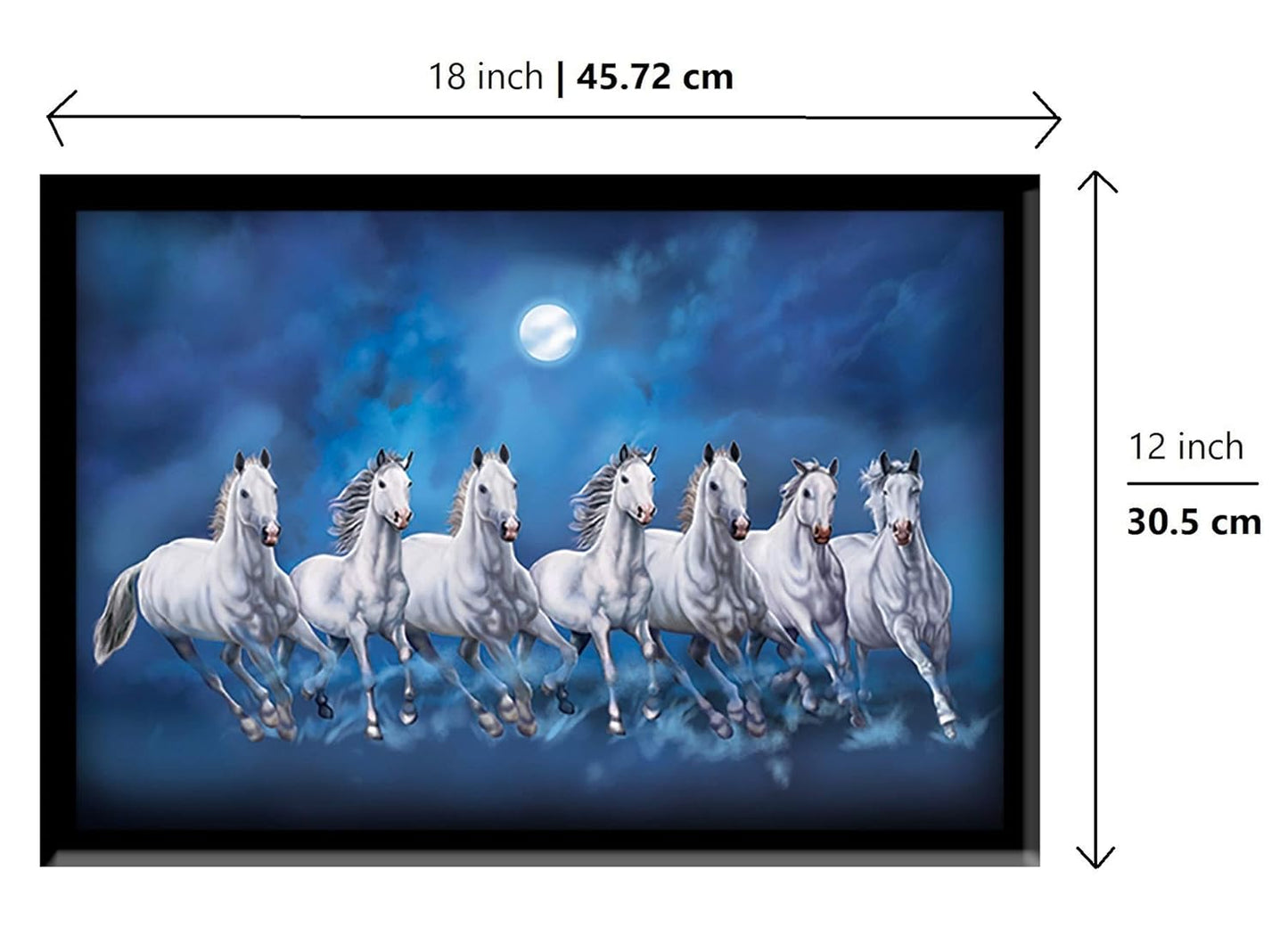 VMMPL 7 Lucky Running Vastu Horses Art Framed Painting | Ocean Blue Theme Wall Art for Home Decor | Ready to Hang – (Wooden Frame, 12 Inch x 18 Inch)
