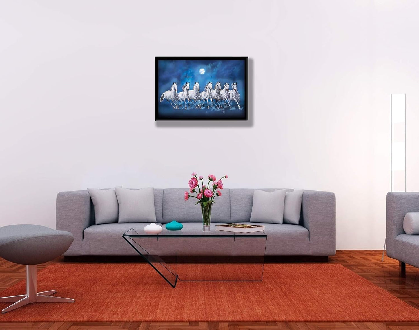 VMMPL 7 Lucky Running Vastu Horses Art Framed Painting | Ocean Blue Theme Wall Art for Home Decor | Ready to Hang – (Wooden Frame, 12 Inch x 18 Inch)