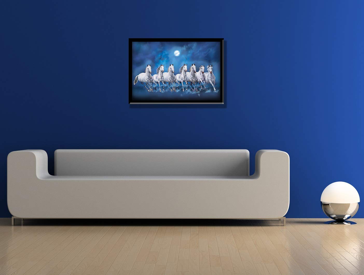 VMMPL 7 Lucky Running Vastu Horses Art Framed Painting | Ocean Blue Theme Wall Art for Home Decor | Ready to Hang – (Wooden Frame, 12 Inch x 18 Inch)