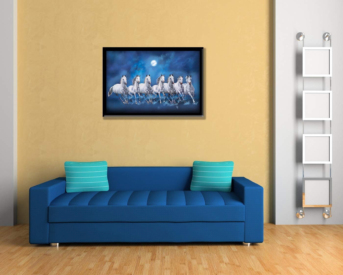 VMMPL 7 Lucky Running Vastu Horses Art Framed Painting | Ocean Blue Theme Wall Art for Home Decor | Ready to Hang – (Wooden Frame, 12 Inch x 18 Inch)