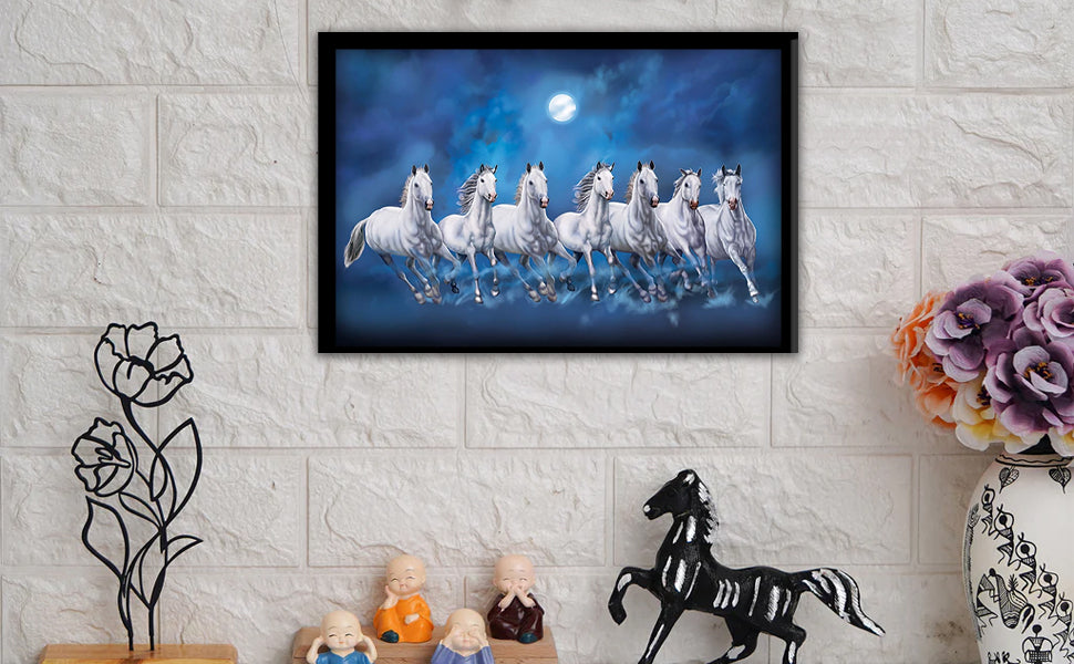 VMMPL 7 Lucky Running Vastu Horses Art Framed Painting | Ocean Blue Theme Wall Art for Home Decor | Ready to Hang – (Wooden Frame, 12 Inch x 18 Inch)