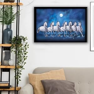 VMMPL 7 Lucky Running Vastu Horses Art Framed Painting | Ocean Blue Theme Wall Art for Home Decor | Ready to Hang – (Wooden Frame, 12 Inch x 18 Inch)
