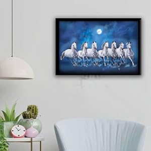 VMMPL 7 Lucky Running Vastu Horses Art Framed Painting | Ocean Blue Theme Wall Art for Home Decor | Ready to Hang – (Wooden Frame, 12 Inch x 18 Inch)