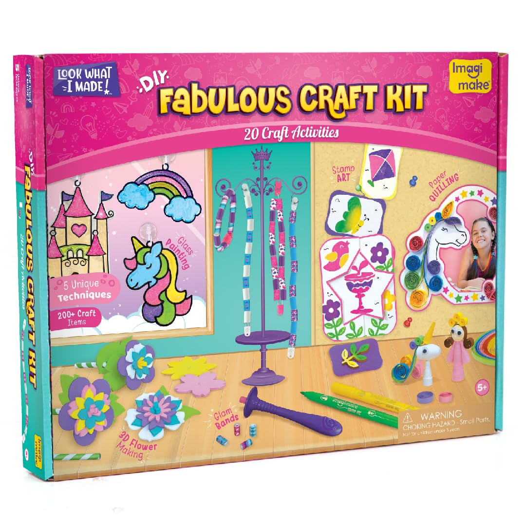 VMMPL Fabulous Craft Kit 5-in-1 Arts & Crafts Set for Kids | DIY Art Kit for Girls Ages 5-9 | Includes Glass Painting, Paper Quilling, Stamp Art & More | 200+ Craft Supplies