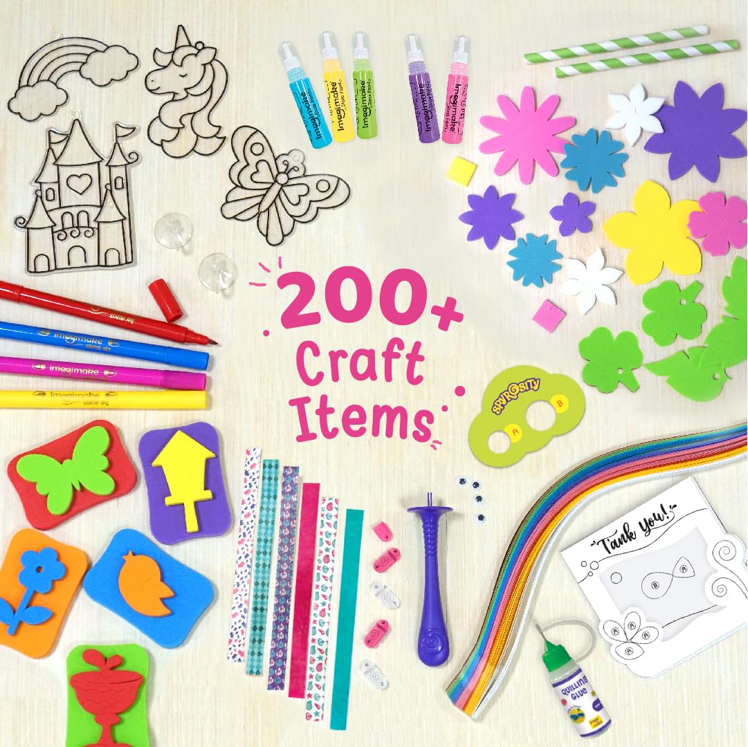 VMMPL Fabulous Craft Kit 5-in-1 Arts & Crafts Set for Kids | DIY Art Kit for Girls Ages 5-9 | Includes Glass Painting, Paper Quilling, Stamp Art & More | 200+ Craft Supplies