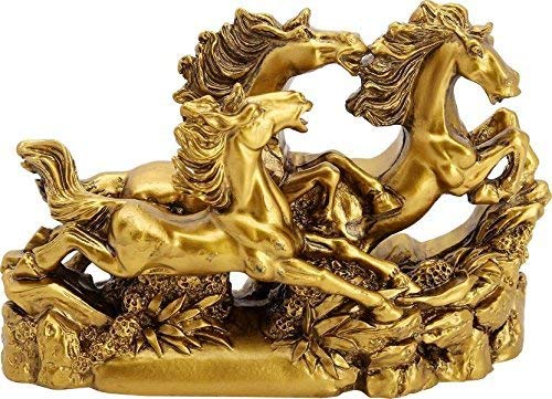 VMMPL Feng Shui Three Running Horses Showpiece ā Antique Brass Finish | Artistic Stone Decor for Home & Office (10 x 4 x 14 cm)