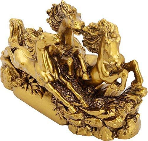 VMMPL Feng Shui Three Running Horses Showpiece ā Antique Brass Finish | Artistic Stone Decor for Home & Office (10 x 4 x 14 cm)