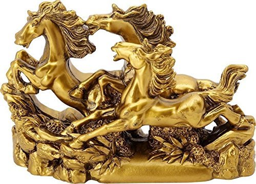 VMMPL Feng Shui Three Running Horses Showpiece ā Antique Brass Finish | Artistic Stone Decor for Home & Office (10 x 4 x 14 cm)