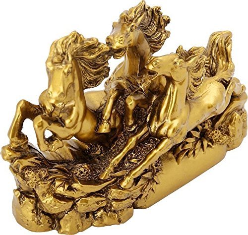 VMMPL Feng Shui Three Running Horses Showpiece ā Antique Brass Finish | Artistic Stone Decor for Home & Office (10 x 4 x 14 cm)