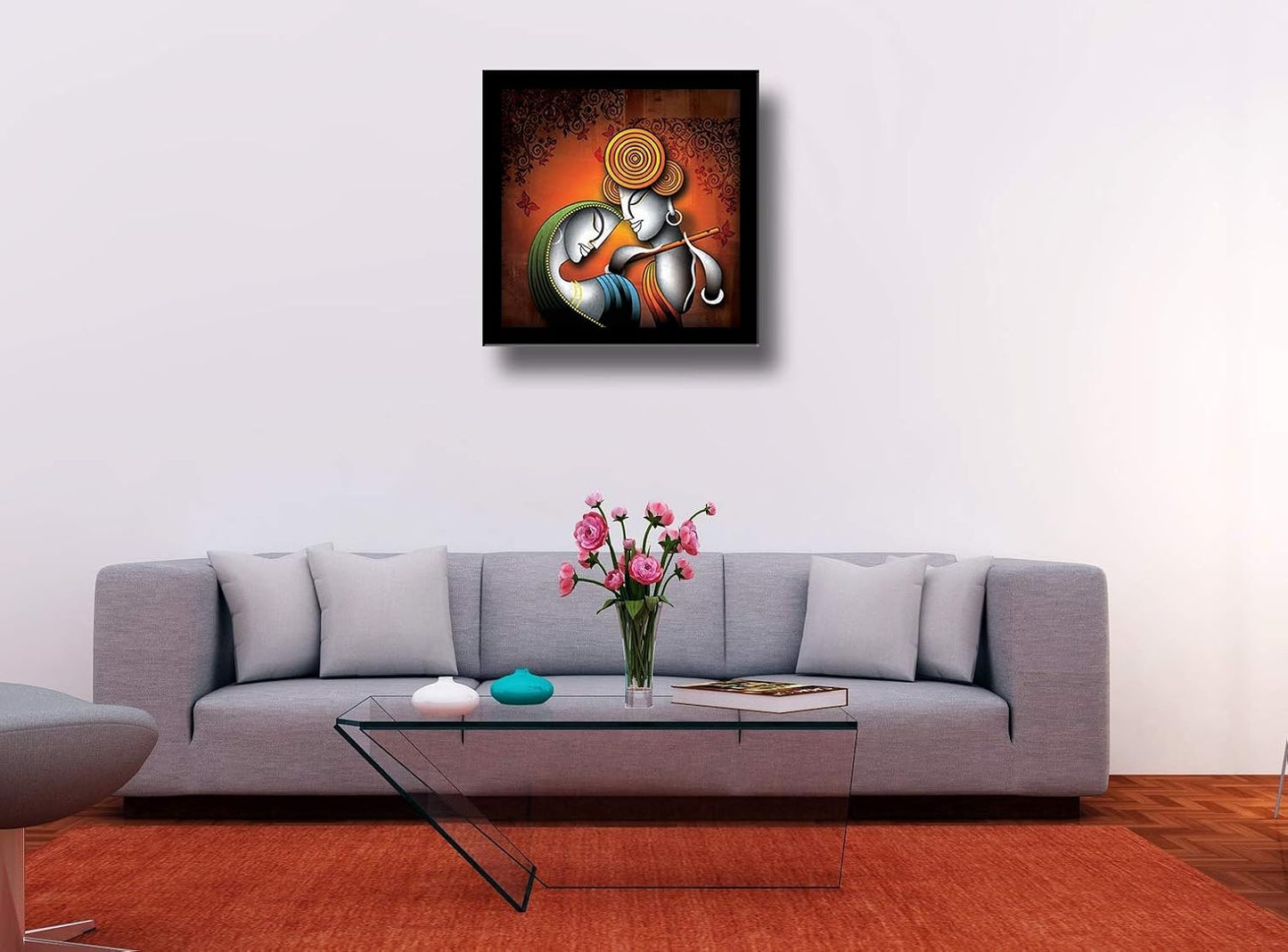 VMMPL Krishna Radha Art Framed Painting | Ready to Hang Wall Decor | Wooden Frame | UV Textured Modern Art | Without Glass | Square Shape | 12 x 12 Inches