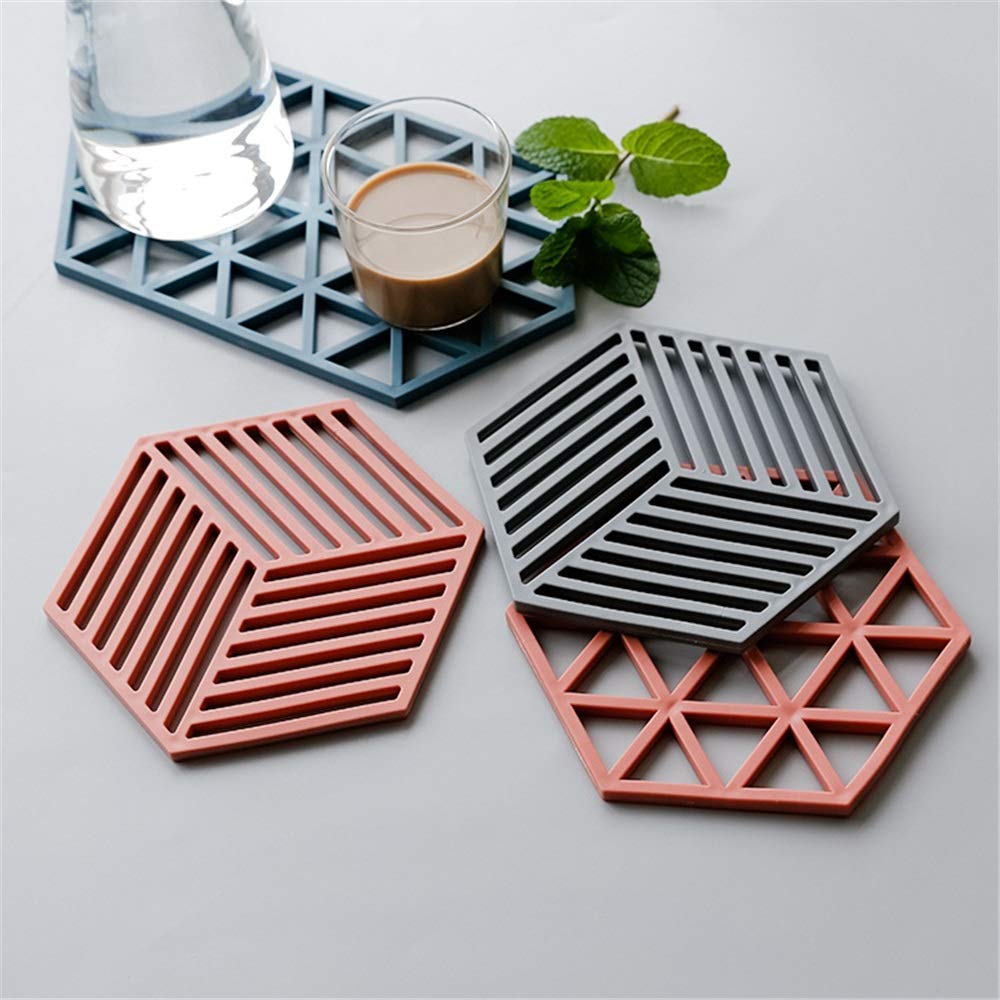 VMMPL Trivet Mats – 4 Pack Silicone Heat Resistant Table Mats for Kitchen & Dining | Non-Slip Hot Pan Holders | Stylish Triangle & Line Mix Design (Red, Blue & Grey)