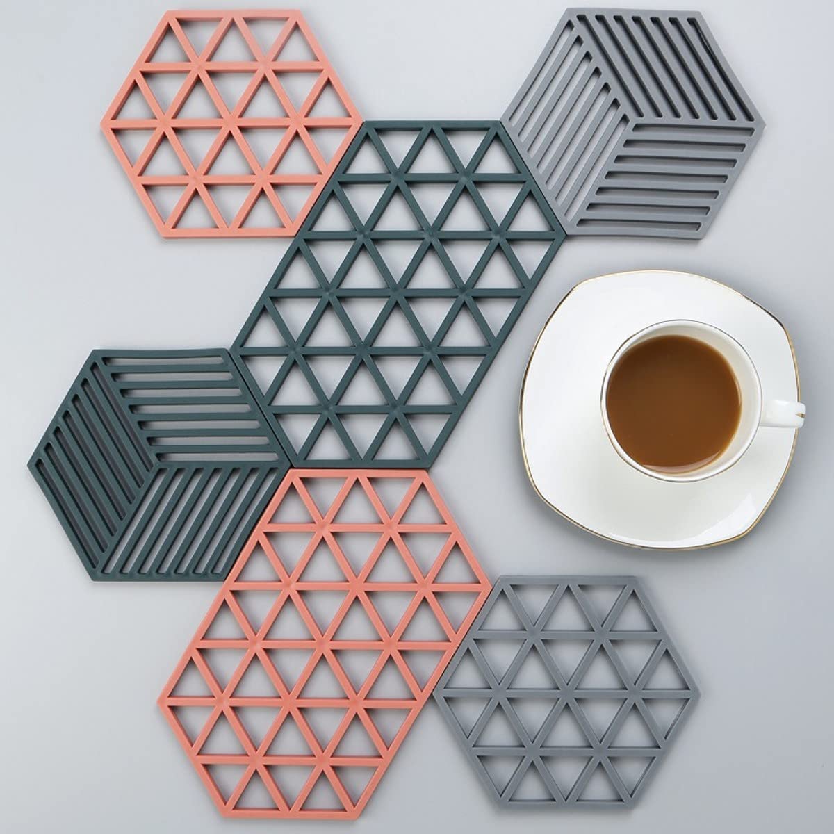 VMMPL Trivet Mats – 4 Pack Silicone Heat Resistant Table Mats for Kitchen & Dining | Non-Slip Hot Pan Holders | Stylish Triangle & Line Mix Design (Red, Blue & Grey)