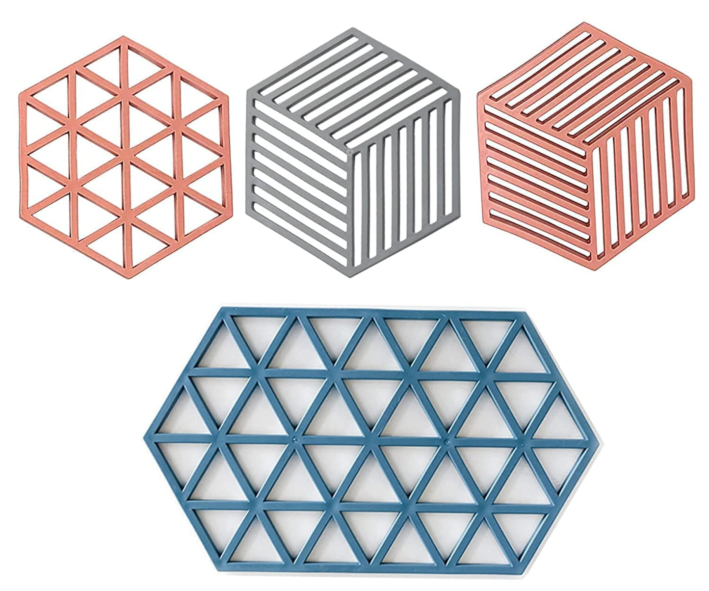 VMMPL Trivet Mats – 4 Pack Silicone Heat Resistant Table Mats for Kitchen & Dining | Non-Slip Hot Pan Holders | Stylish Triangle & Line Mix Design (Red, Blue & Grey)