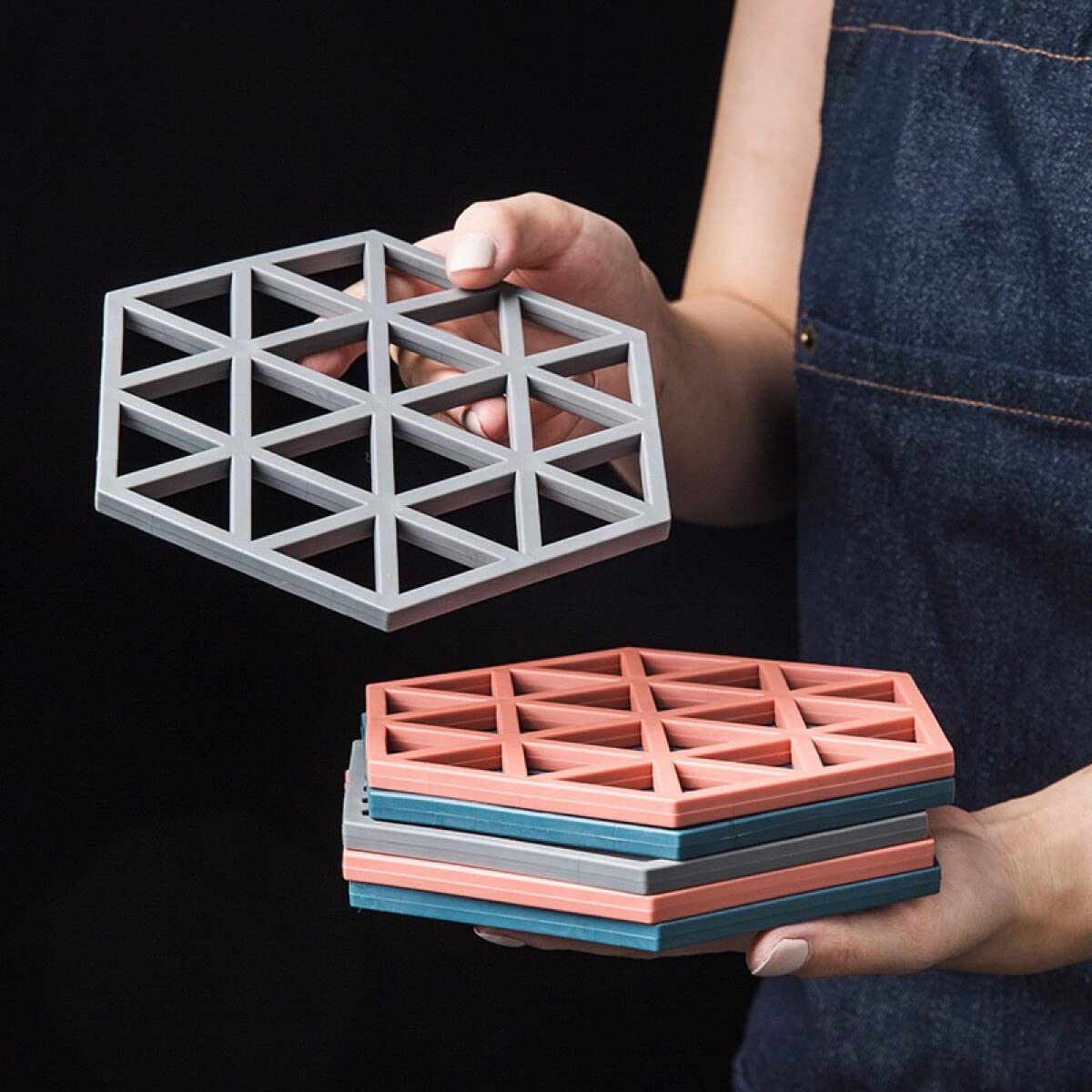 VMMPL Trivet Mats – 4 Pack Silicone Heat Resistant Table Mats for Kitchen & Dining | Non-Slip Hot Pan Holders | Stylish Triangle & Line Mix Design (Red, Blue & Grey)
