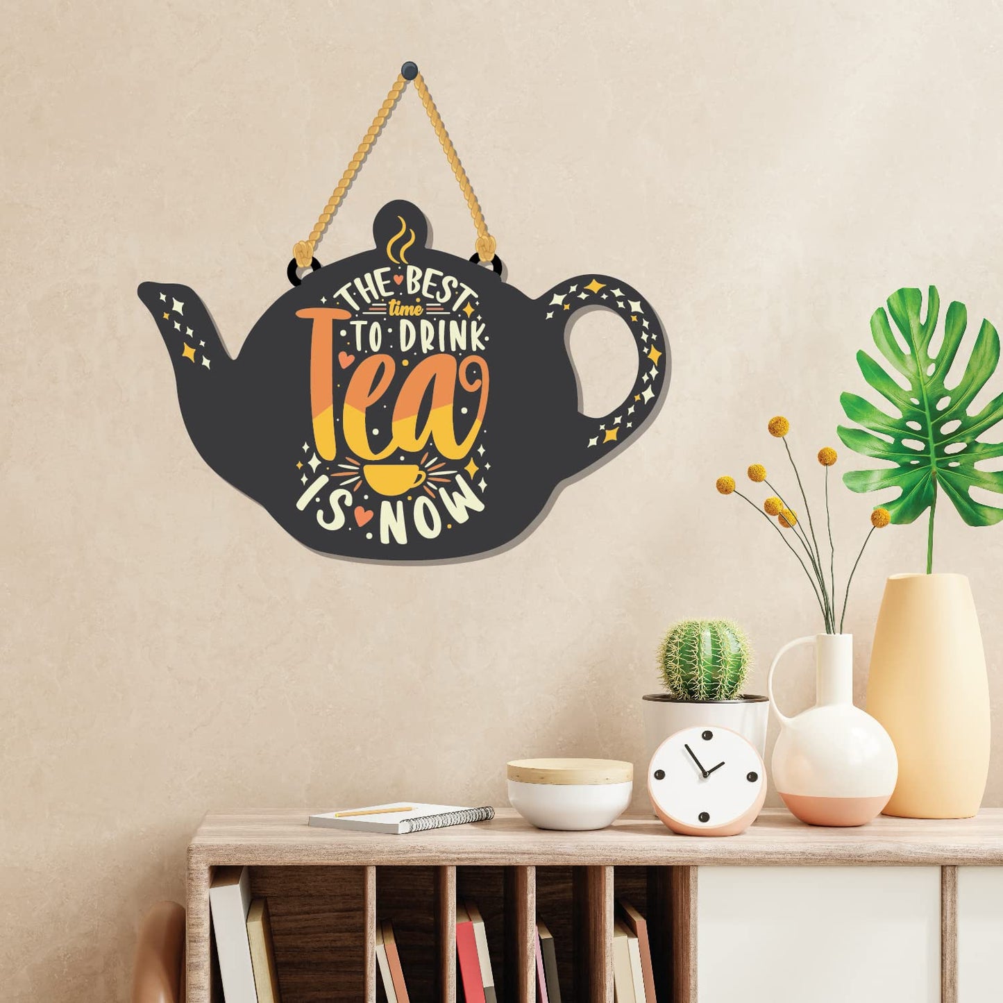 VMMPL "The Best Time to Drink Tea is Now" Wooden Wall Hanging | MDF Wall Decor for Living Room, Bedroom, Office | Decorative Floral Wall Art | Gift for Tea Lovers – Multicolour