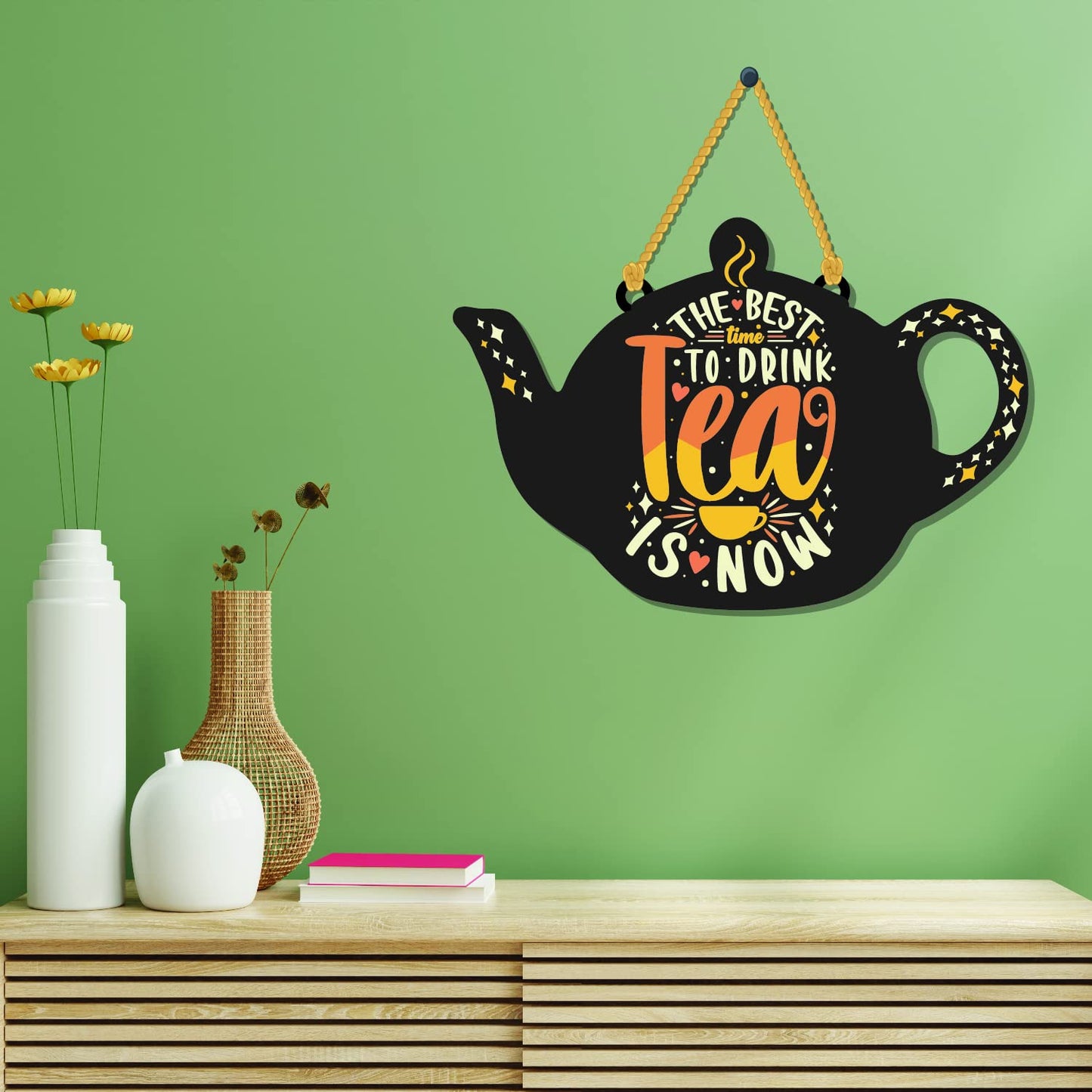 VMMPL "The Best Time to Drink Tea is Now" Wooden Wall Hanging | MDF Wall Decor for Living Room, Bedroom, Office | Decorative Floral Wall Art | Gift for Tea Lovers – Multicolour