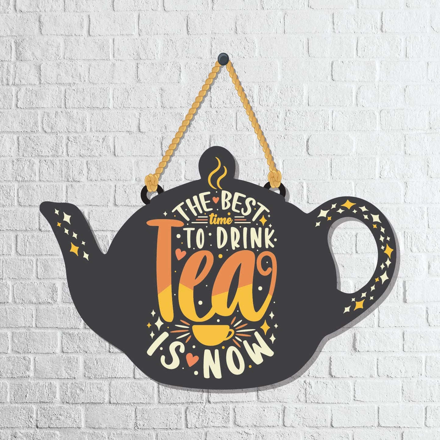 VMMPL "The Best Time to Drink Tea is Now" Wooden Wall Hanging | MDF Wall Decor for Living Room, Bedroom, Office | Decorative Floral Wall Art | Gift for Tea Lovers – Multicolour