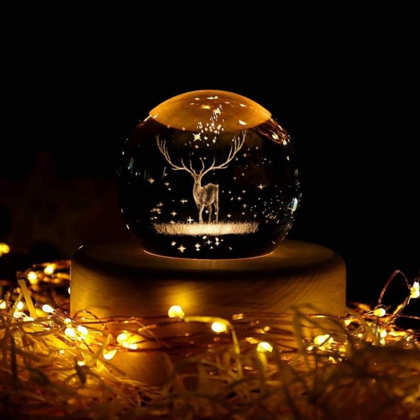 VMMPL – Umi 3D Deer Crystal Ball LED Night Lamp with Wooden Base | Warm Light Table Lamp for Bedroom, Office, Gift & Décor (Deer Design)