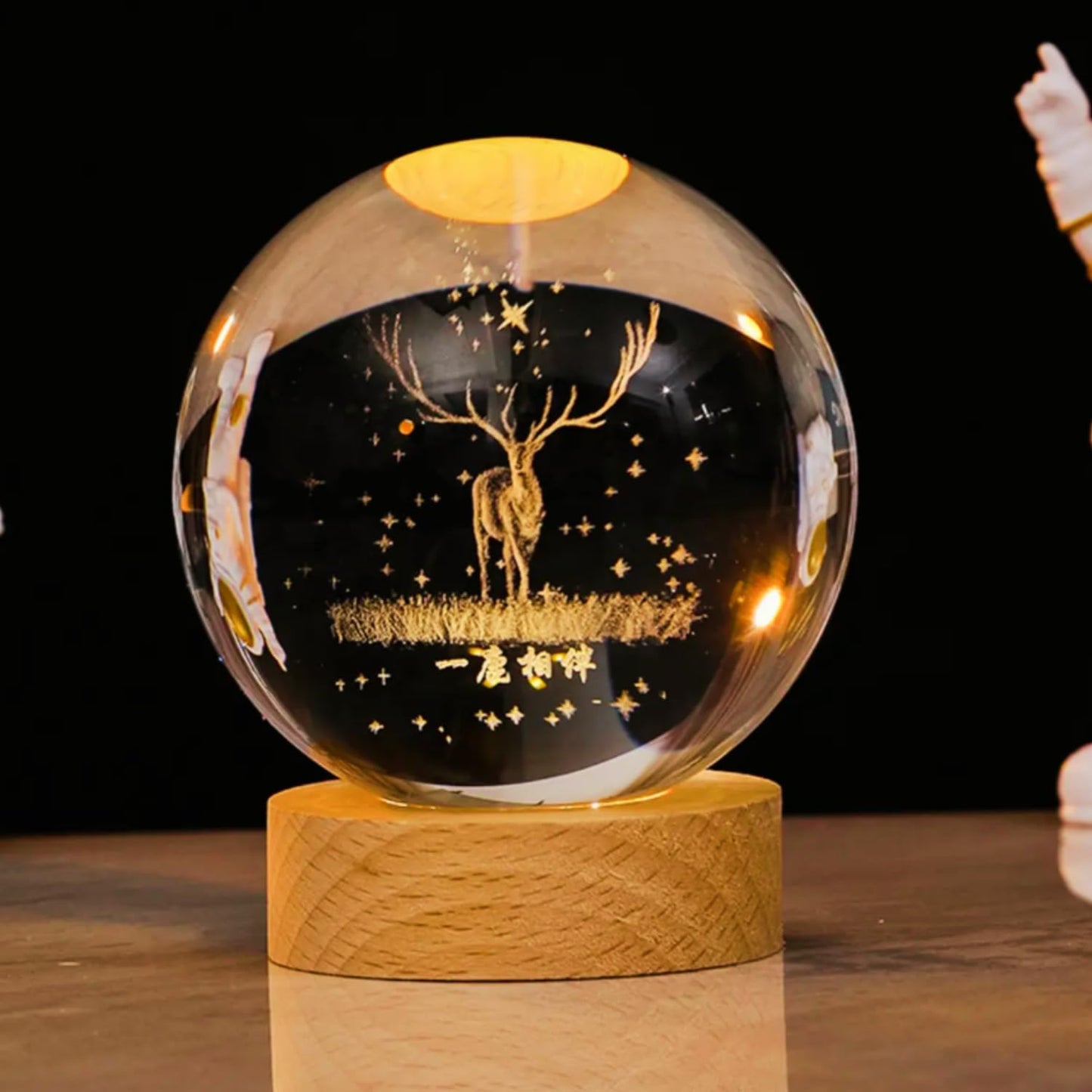 VMMPL – Umi 3D Deer Crystal Ball LED Night Lamp with Wooden Base | Warm Light Table Lamp for Bedroom, Office, Gift & Décor (Deer Design)