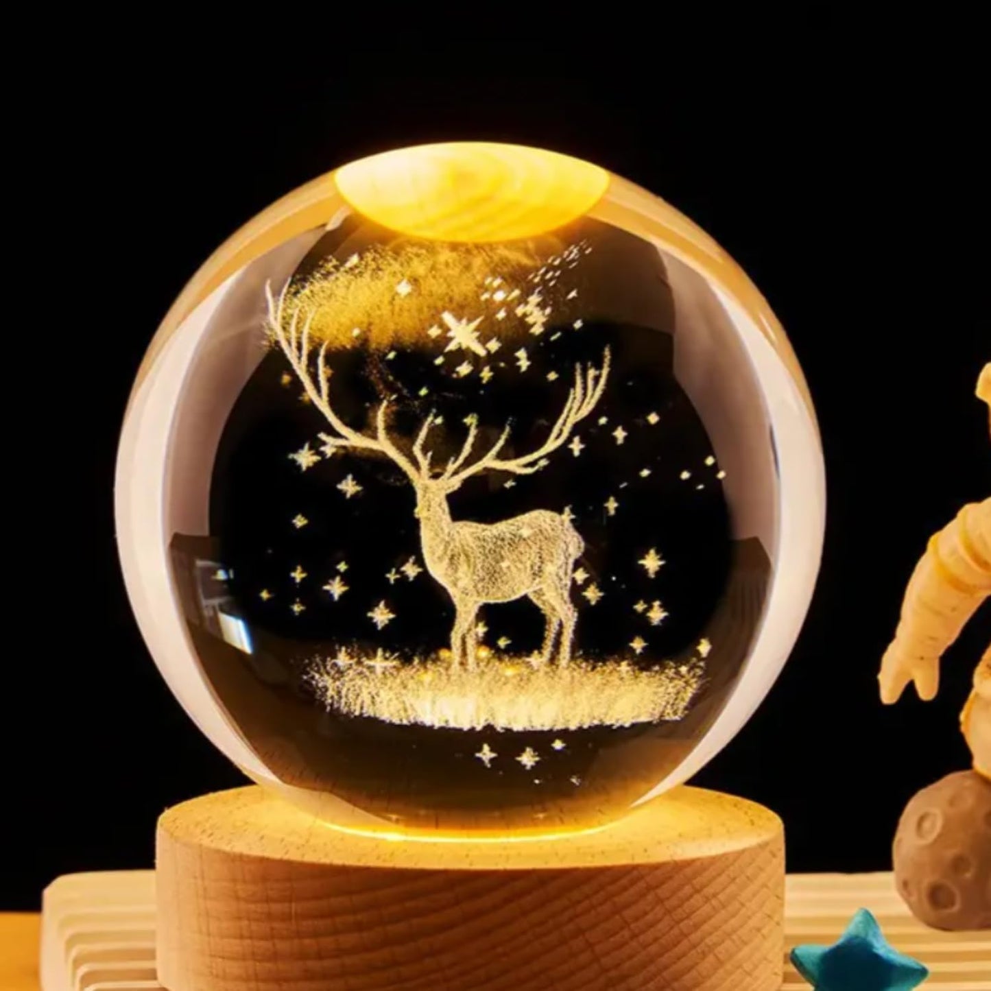 VMMPL – Umi 3D Deer Crystal Ball LED Night Lamp with Wooden Base | Warm Light Table Lamp for Bedroom, Office, Gift & Décor (Deer Design)