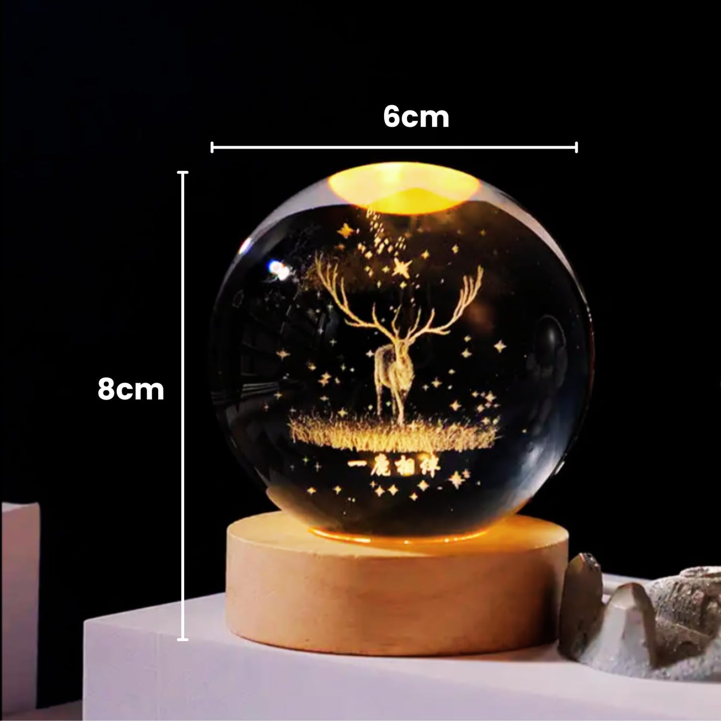 VMMPL – Umi 3D Deer Crystal Ball LED Night Lamp with Wooden Base | Warm Light Table Lamp for Bedroom, Office, Gift & Décor (Deer Design)