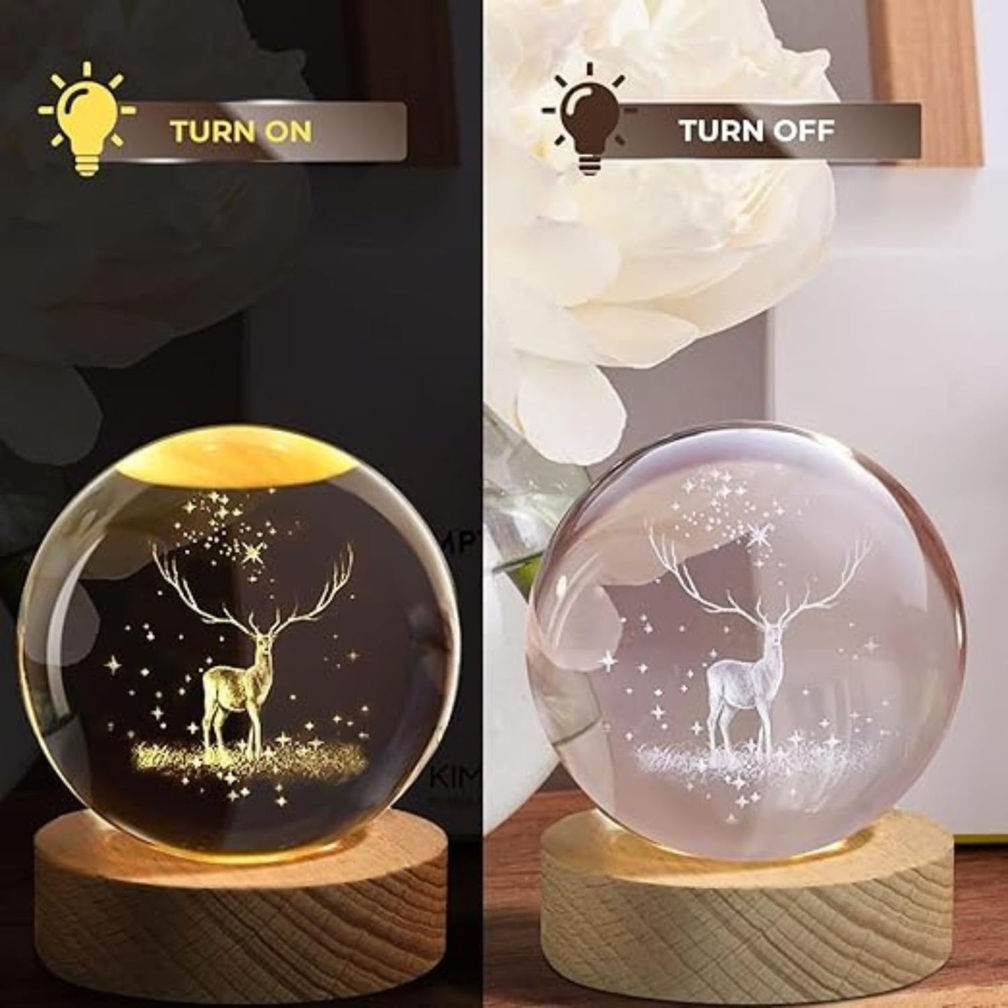 VMMPL – Umi 3D Deer Crystal Ball LED Night Lamp with Wooden Base | Warm Light Table Lamp for Bedroom, Office, Gift & Décor (Deer Design)