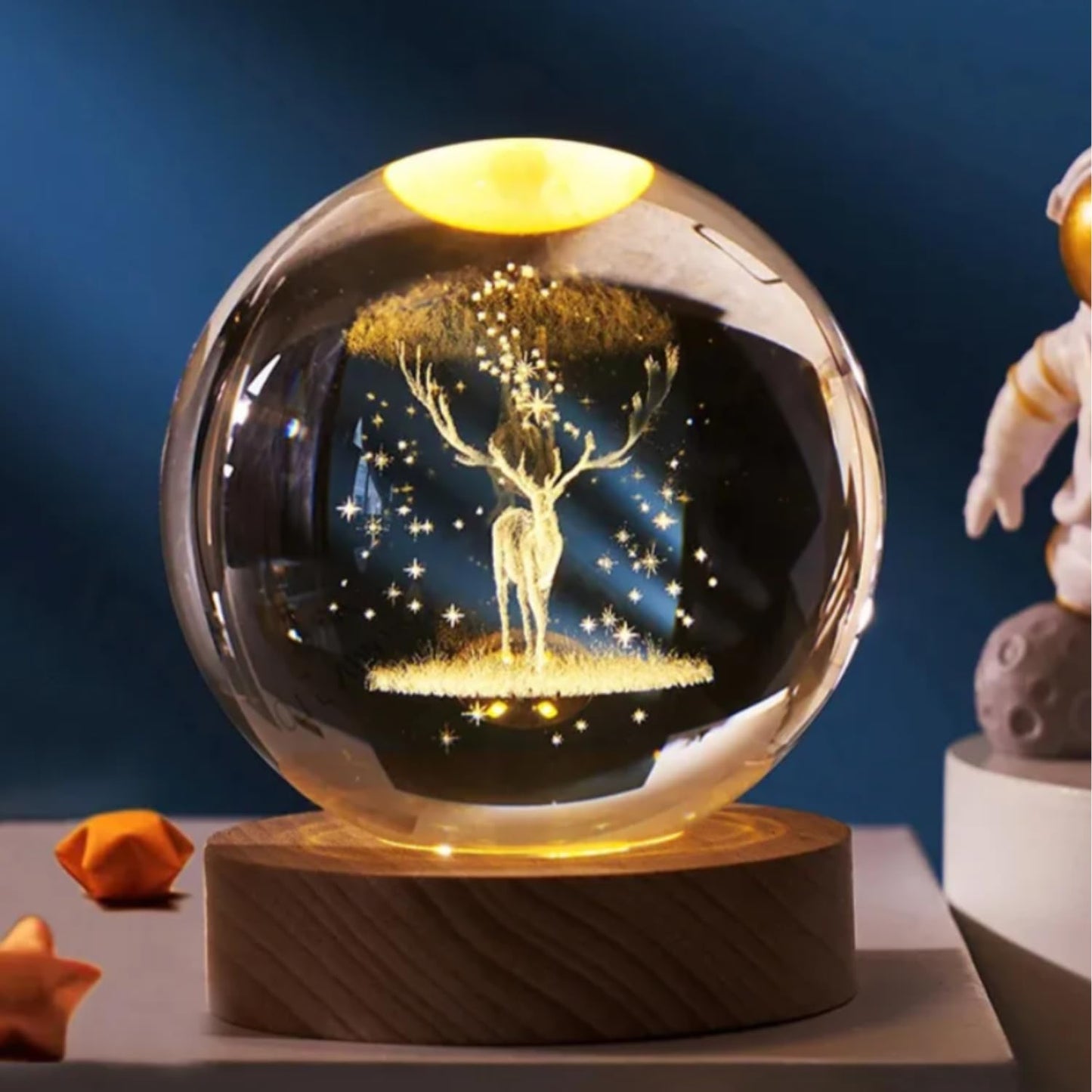 VMMPL – Umi 3D Deer Crystal Ball LED Night Lamp with Wooden Base | Warm Light Table Lamp for Bedroom, Office, Gift & Décor (Deer Design)