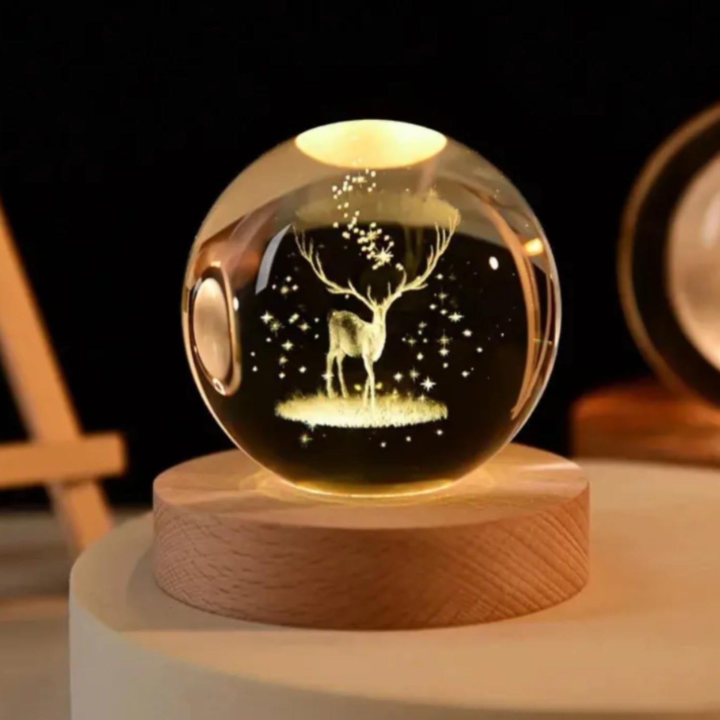 VMMPL – Umi 3D Deer Crystal Ball LED Night Lamp with Wooden Base | Warm Light Table Lamp for Bedroom, Office, Gift & Décor (Deer Design)