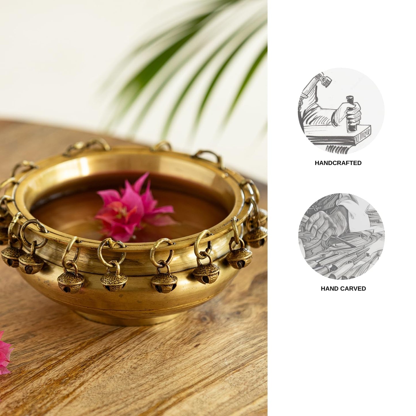VMMPL Ethnic Traditional 6 Inches Brass Urli Bowl with Bells Showpiece, Brass Urli for Decor, Housewarming Gifts, Standard, Pack of 1