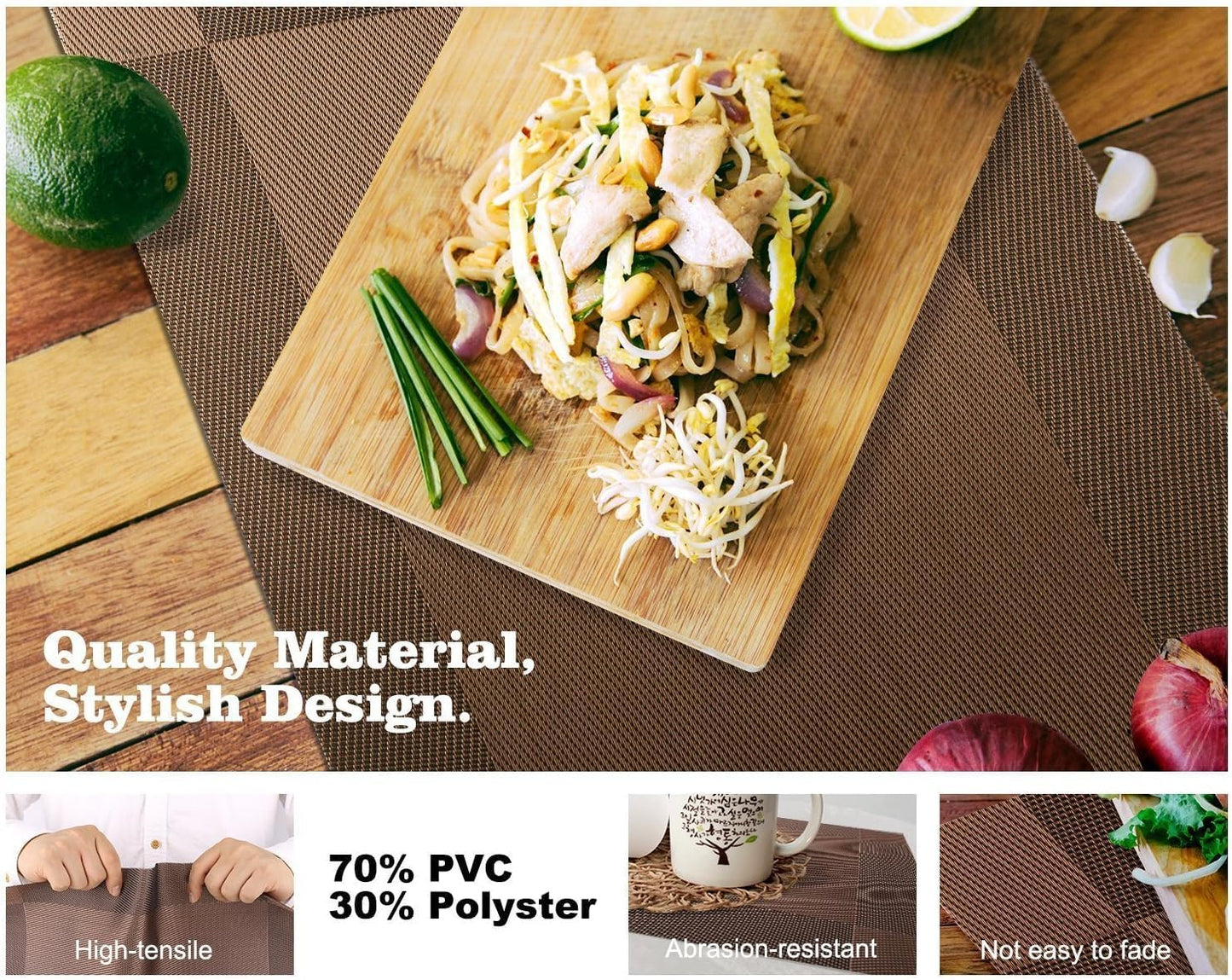 VMMP Washable PVC Heat Resistant Placemats for Dining Table – Non-Slip, Easy to Clean, Stylish Brown Table Mats (Set of 4, 45x30 cm) – Ideal for Kitchen, Home & Restaurant Use