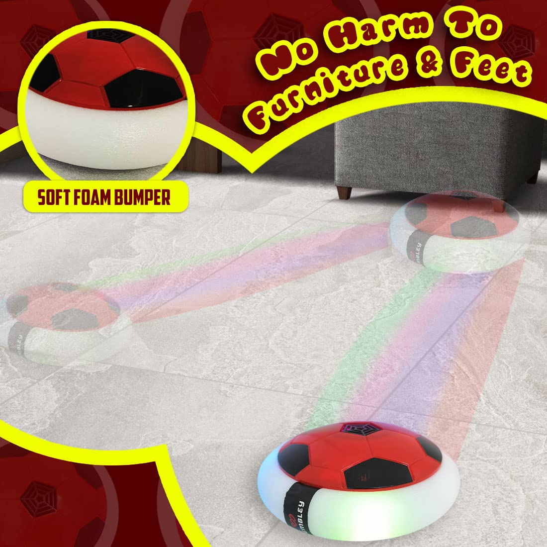 Wembley Rechargeable Hover Football for Kids | Indoor Soccer Ball with LED Lights | Air Powered Floating Disc Toy for Boys & Girls (Red, Age 3–10+)