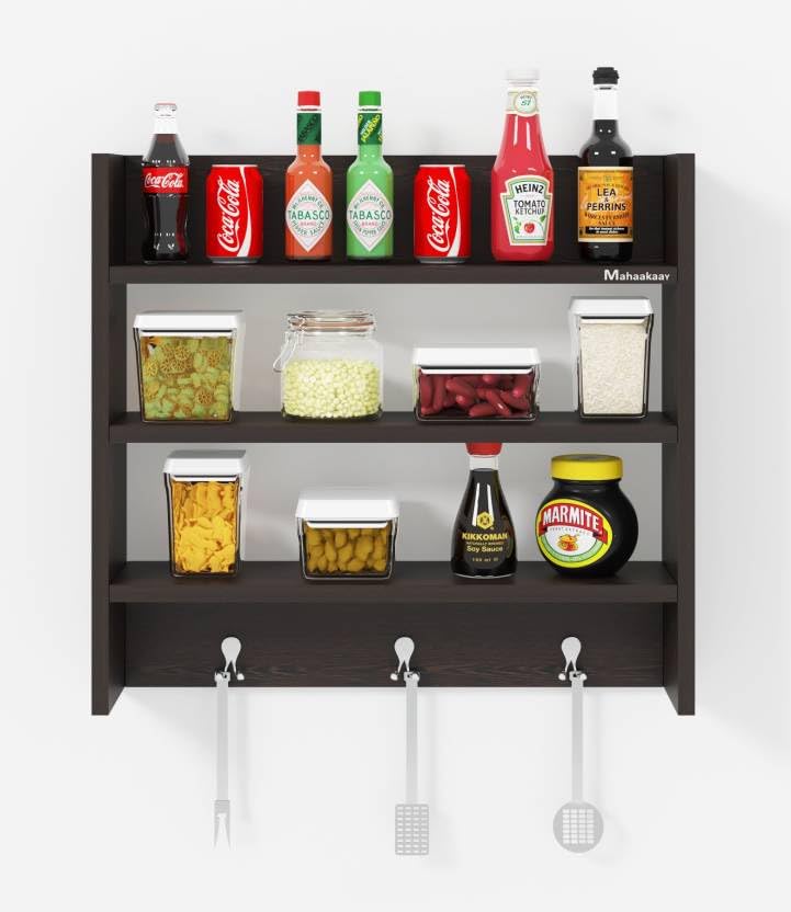 Wooden Kitchen Rack - 4 Tier Closed Cabinet Shelf | Wall Mount | Dust Resistant | Adjustable Storage Organizer | Engineered Wood (Brown)