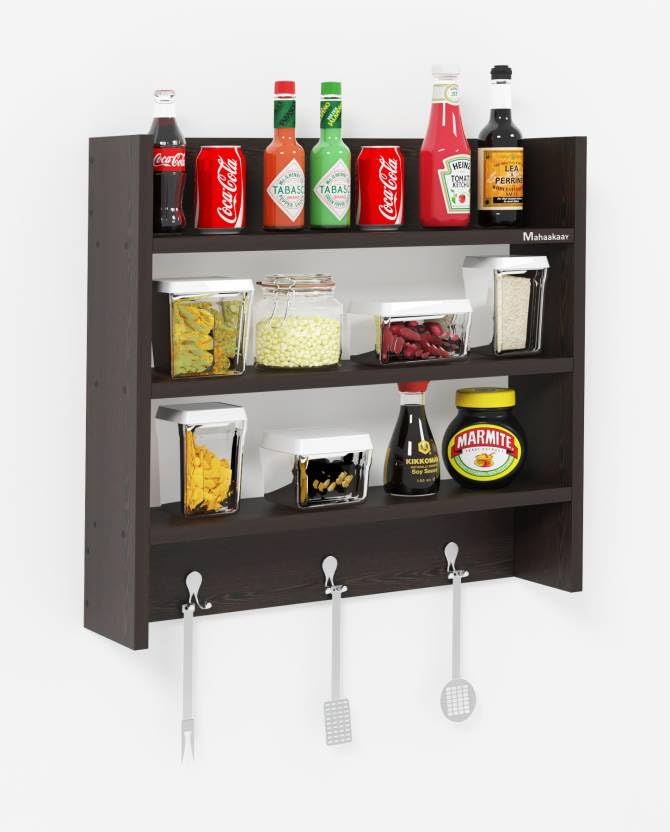 Wooden Kitchen Rack - 4 Tier Closed Cabinet Shelf | Wall Mount | Dust Resistant | Adjustable Storage Organizer | Engineered Wood (Brown)