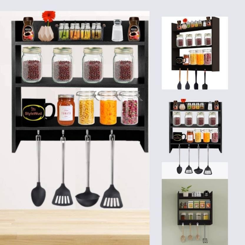 Wooden Kitchen Rack - 4 Tier Closed Cabinet Shelf | Wall Mount | Dust Resistant | Adjustable Storage Organizer | Engineered Wood (Brown)