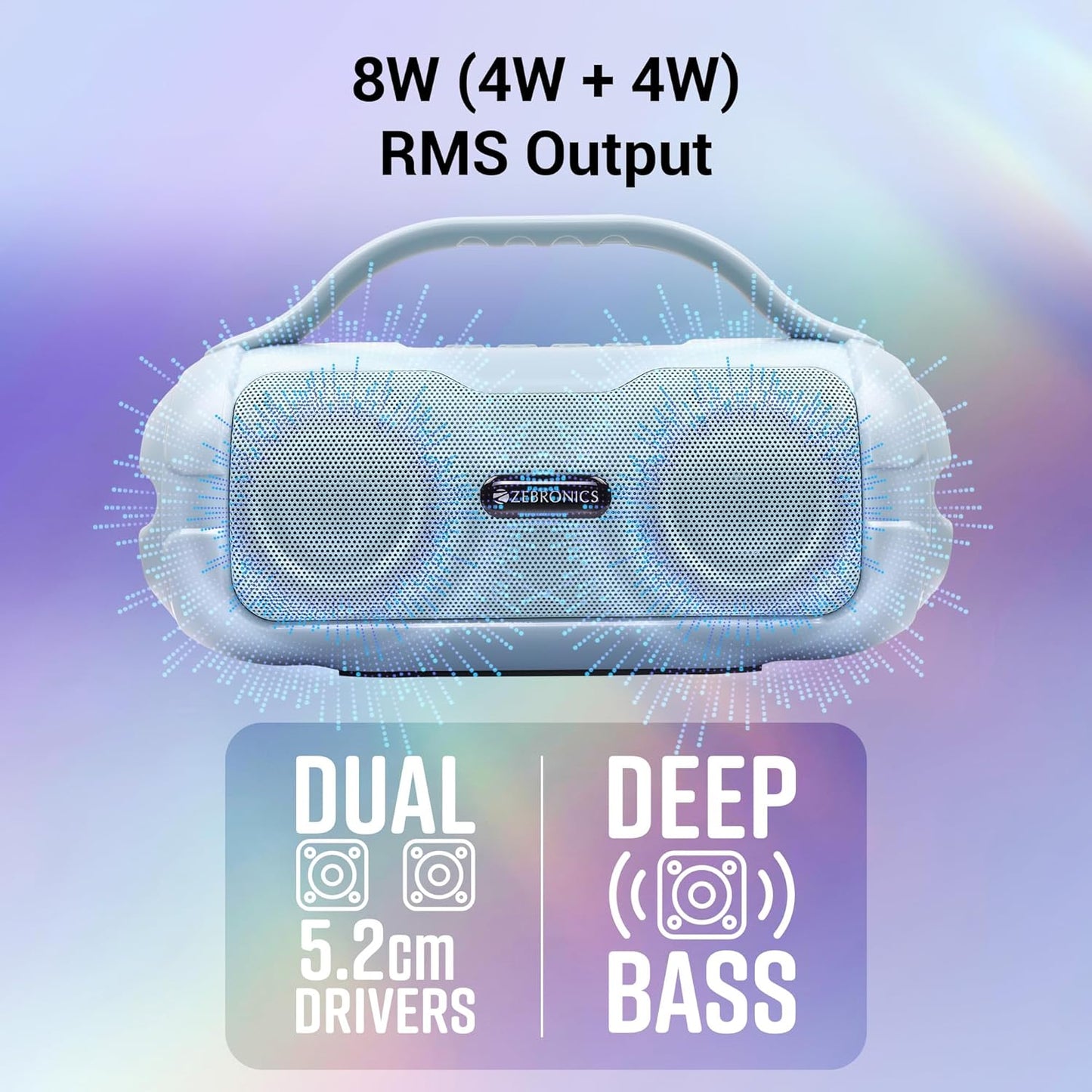 ZEBRONICS Sound Feast 40 Portable Bluetooth Speaker – Sky Blue | 8W Output, Deep Bass, TWS, USB, mSD, FM, AUX, BT v5.3, 10H Playtime