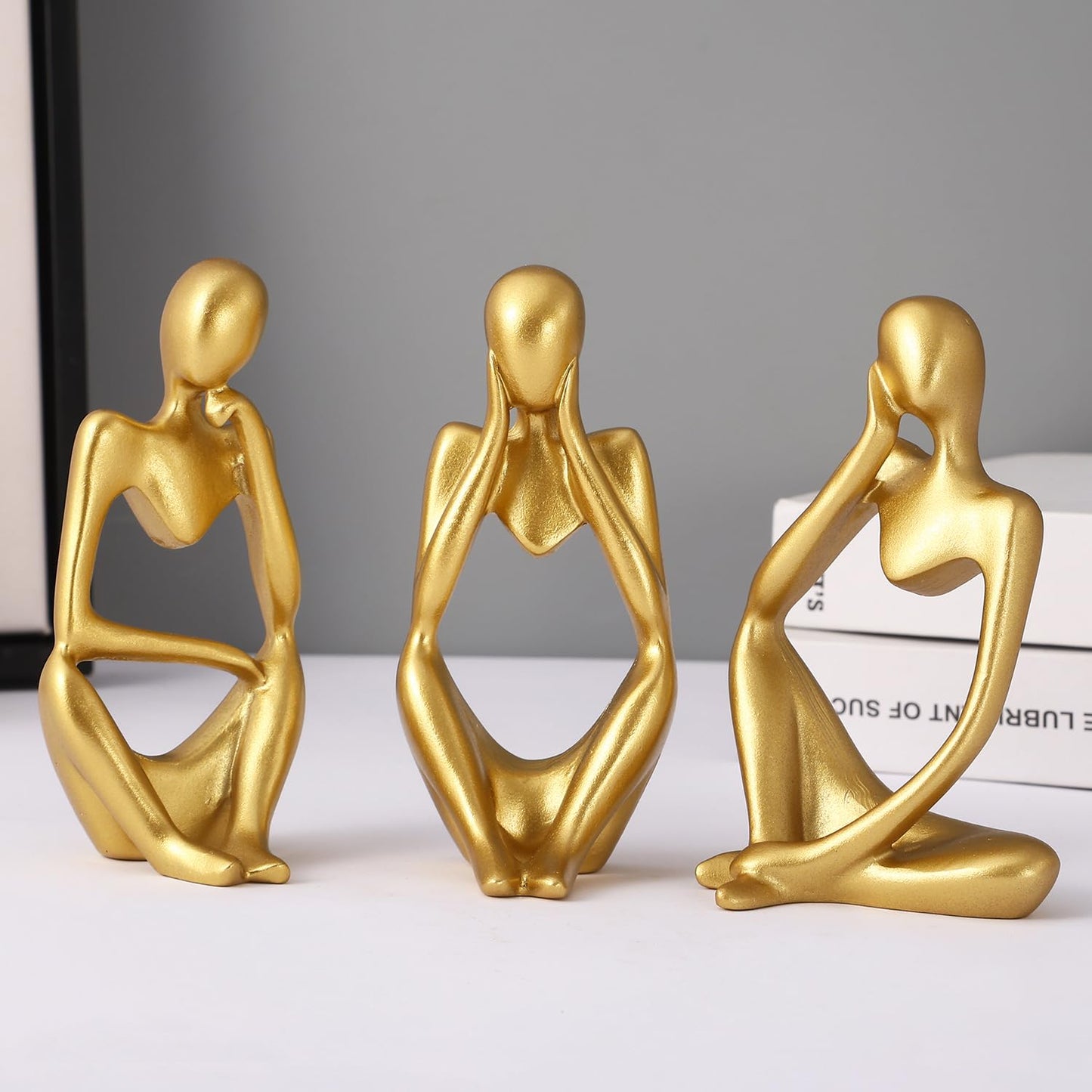 Decorative Abstract Thinker Men Statue Set Of 3 Modern Art Showpiece Sculpture(Fantasy,Gold,13CmX6Cm) Decoration Items For Home Decor Living Room Bedroom Bookshelf Table Office-Resin