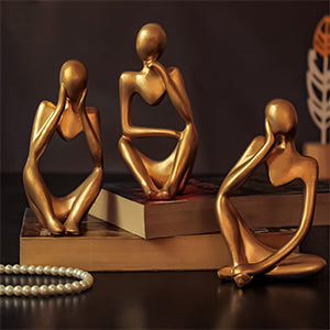 Decorative Abstract Thinker Men Statue Set Of 3 Modern Art Showpiece Sculpture(Fantasy,Gold,13CmX6Cm) Decoration Items For Home Decor Living Room Bedroom Bookshelf Table Office-Resin