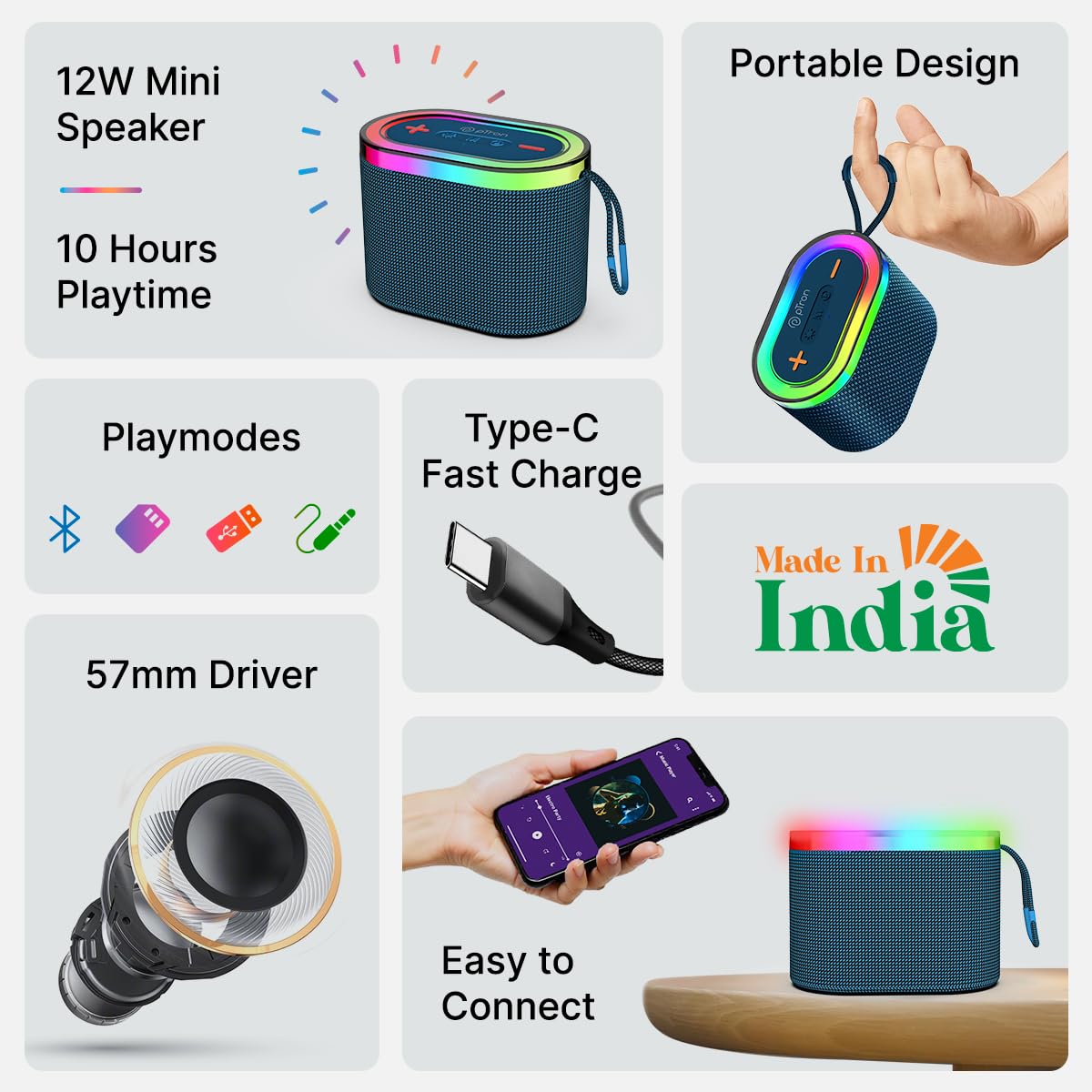 pTron Fusion Pop 12W Bluetooth Speaker with RGB Lights, TWS & 10-Hour Playback – Classic Blue