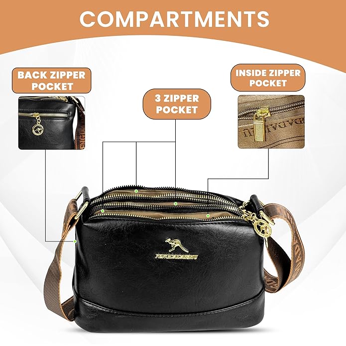 VMMPL Storite PU Leather Sling Bag | Stylish Crossbody Bag for Women & Girls | Multi-Compartment with Adjustable Shoulder Strap β Black