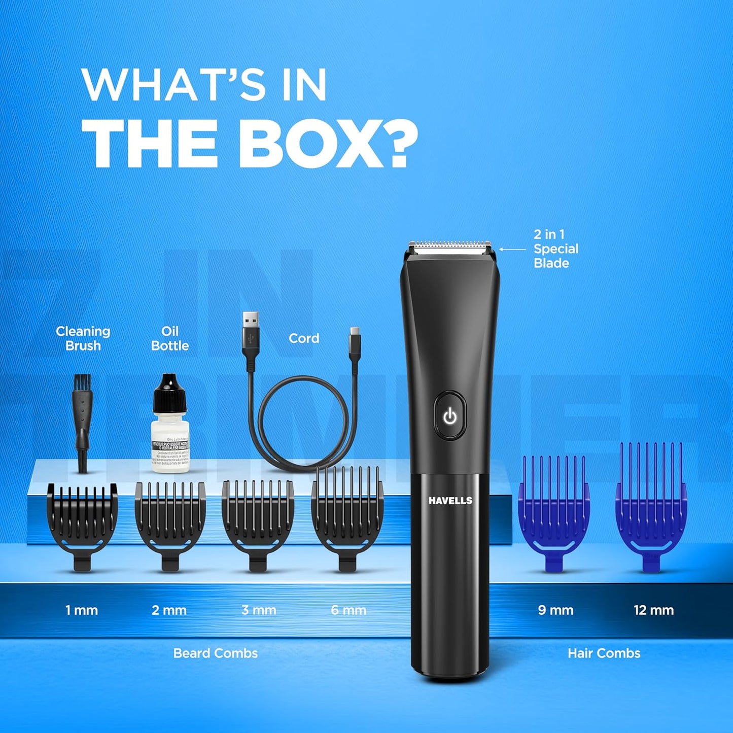 Havells Beard & Hair Trimmer |2-in-1 Special Blade| Comes with 4 Beard & 2 Hair Combs|Type C Turbo Charge|No Nicks & Cuts|2 Year Guarantee|BT4001
