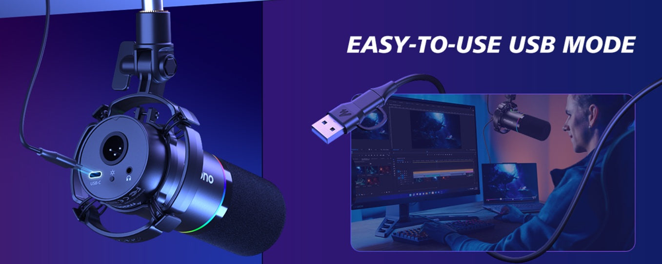 MAONO PD200XS XLR/USB Dynamic Microphone with RGB Lighting & Boom Arm | Professional Gaming, Podcast & Streaming Microphone