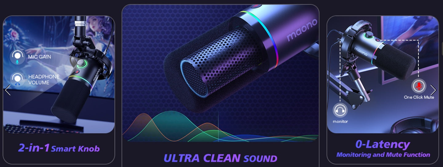 MAONO PD200XS XLR/USB Dynamic Microphone with RGB Lighting & Boom Arm | Professional Gaming, Podcast & Streaming Microphone