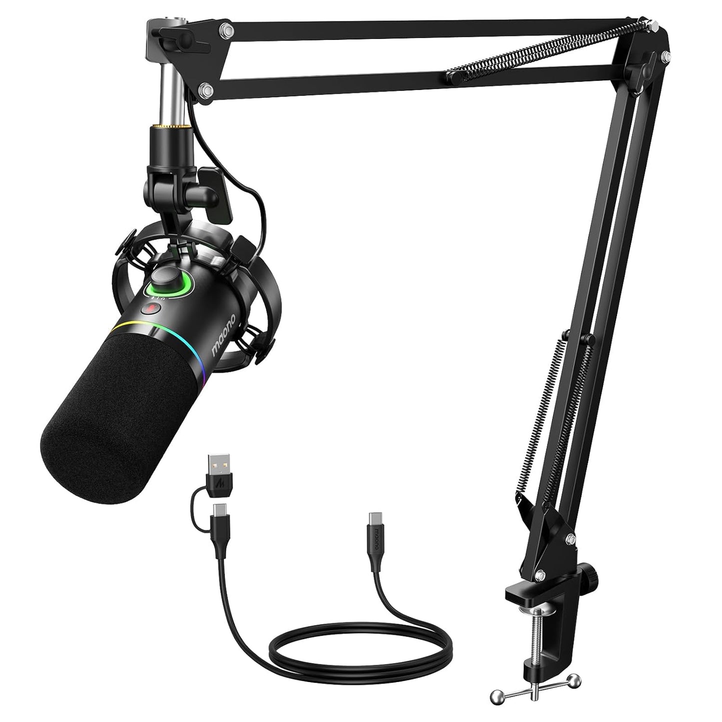 MAONO PD200XS XLR/USB Dynamic Microphone with RGB Lighting & Boom Arm | Professional Gaming, Podcast & Streaming Microphone