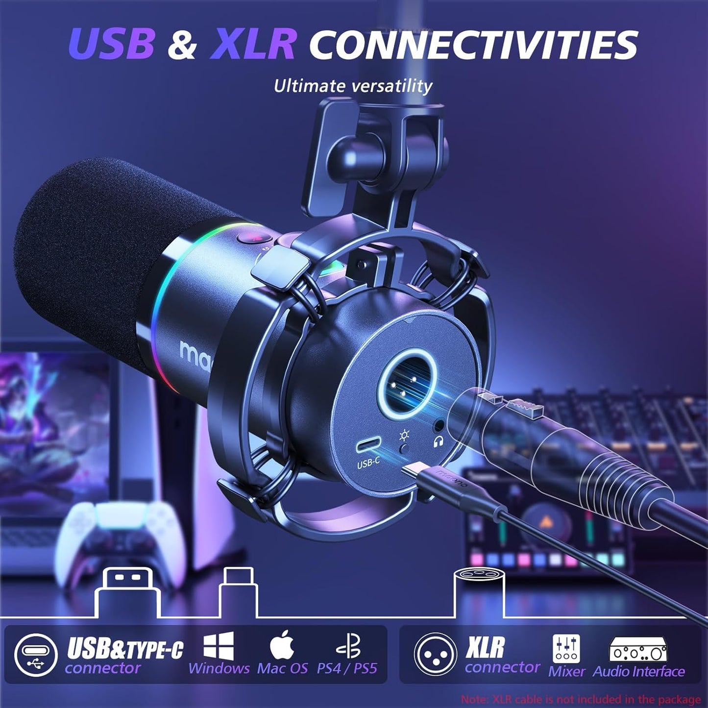 MAONO PD200XS XLR/USB Dynamic Microphone with RGB Lighting & Boom Arm | Professional Gaming, Podcast & Streaming Microphone