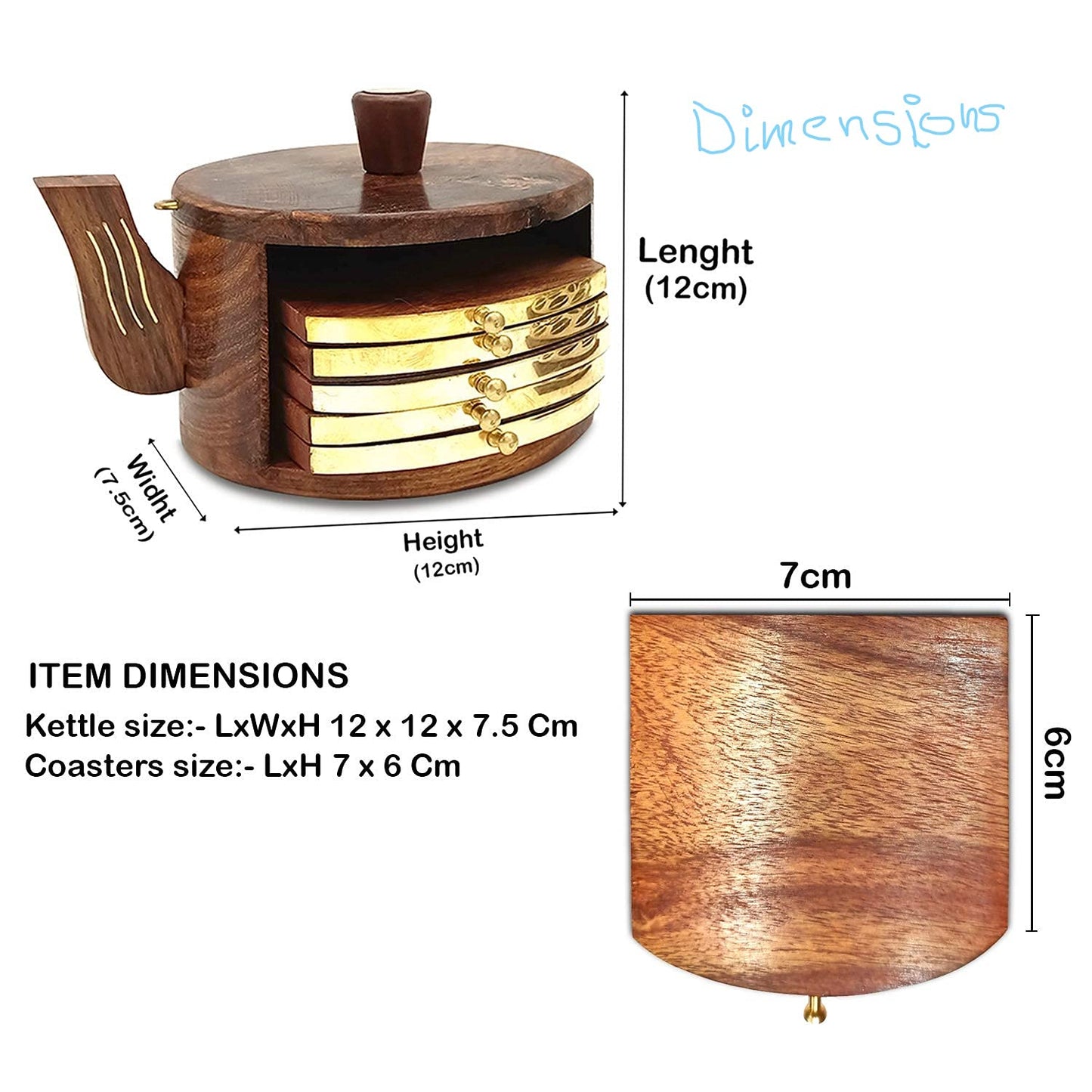 VMMPL Wooden Kettle Shape Coasters Set of 6 – Handcrafted Sheesham Wood Drink Mats with Holder for Coffee Mugs, Tea Cups, Beer Cans & Water Glasses – Brown (4 x 4 x 5 Inch)