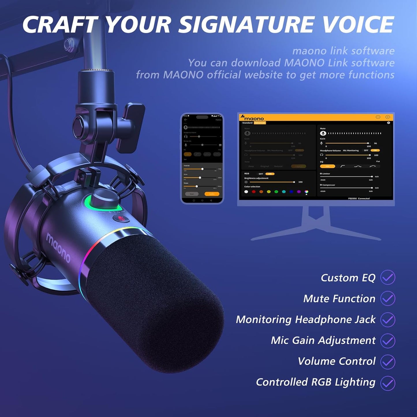 MAONO PD200XS XLR/USB Dynamic Microphone with RGB Lighting & Boom Arm | Professional Gaming, Podcast & Streaming Microphone