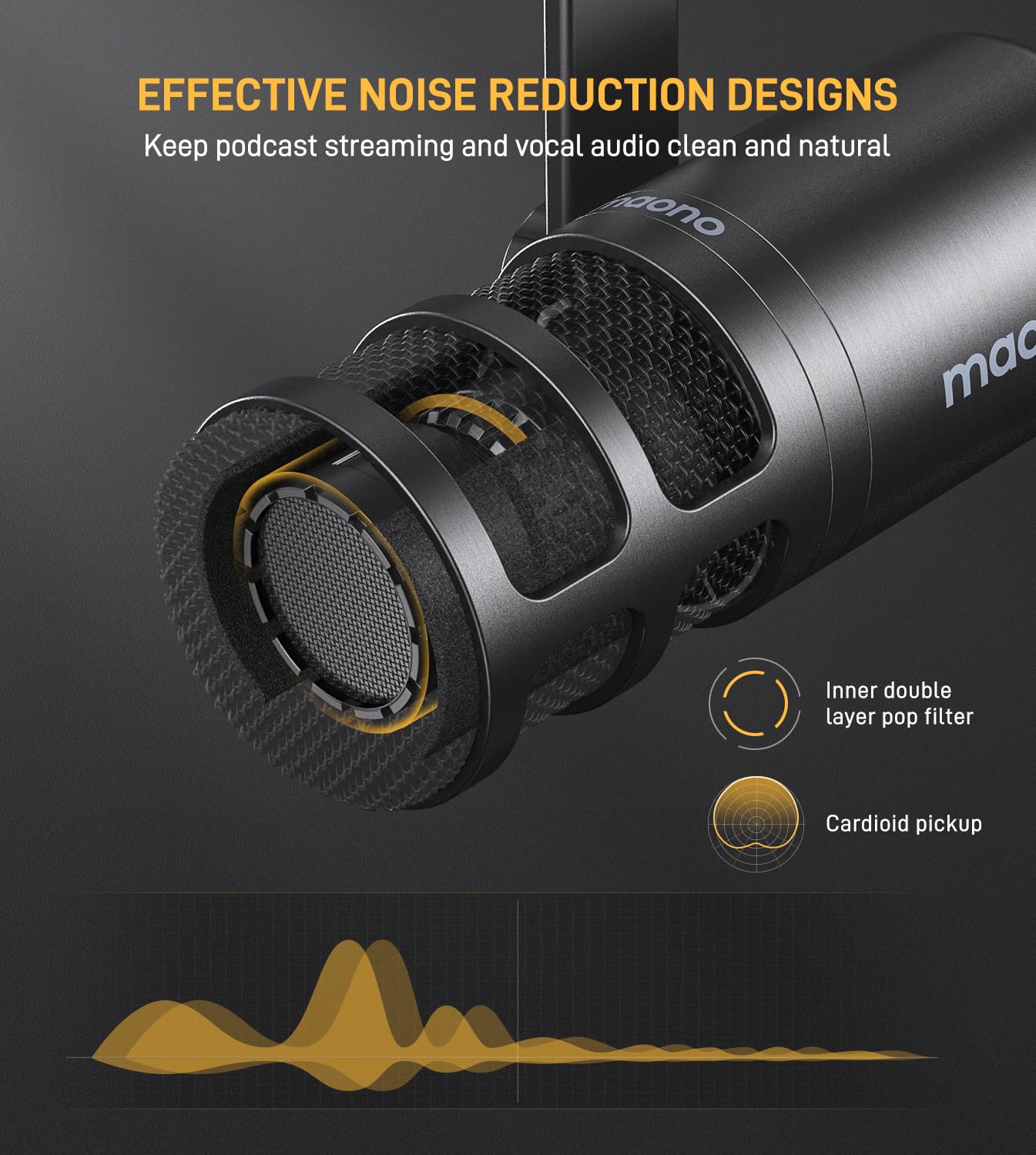 MAONO PD100S XLR Dynamic Microphone for Podcast | Cardioid Studio Microphone with Boom Arm, Voice Isolation Technology & Metal Body for Recording, Streaming, Voice Over & Home Studio