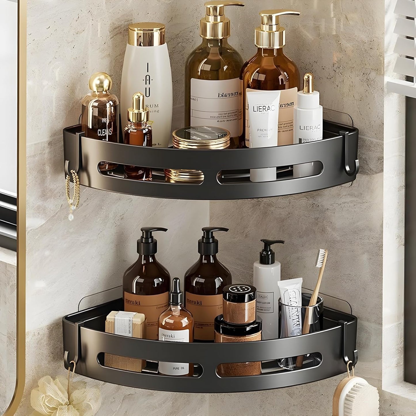VMMPL SquareUp Bathroom Corner Shelf Wall Mount | Self-Adhesive No Drill Storage Rack | ABS Plastic Organizer for Bathroom & Kitchen | Black | Pack of 2